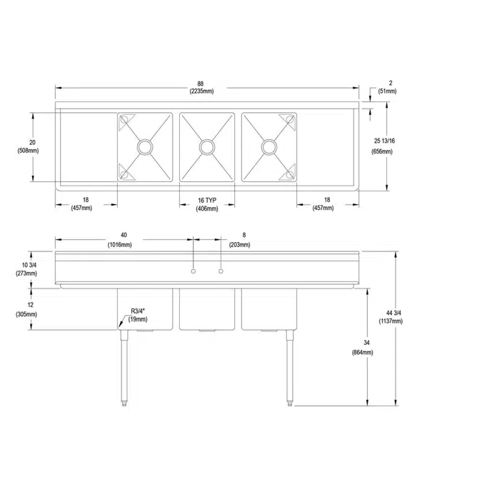 3C16X20-2-18X Elkay® Dependabilt™ Stainless Steel 88" x 25-13/16" x 44-3/4" 16 Gauge Three Compartment Sink w/ 18" Left and Right Drainboards and Stainless Steel Legs