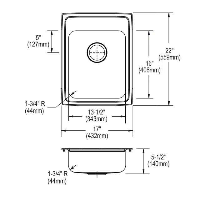 LRAD1722551_3_MR2_OS4 Lustertone® Classic Stainless Steel 17" x 22" x 5-1/2" Single Bowl Drop-in ADA Sink