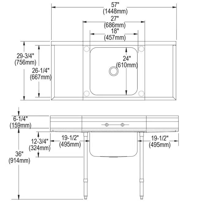 RNSF8118LR2 Rigidbilt® Stainless Steel 57" x 29-3/4" x 12-3/4" Floor Mount Single Compartment Scullery Sink w/ Drainboard