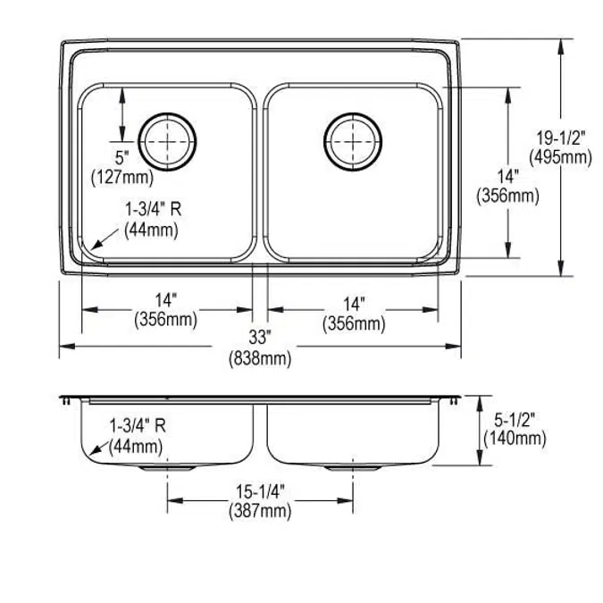 LRAD3319551_4_MR2 Lustertone® Classic Stainless Steel 33" x 19-1/2" x 5-1/2" Equal Double Bowl Drop-in ADA Sink