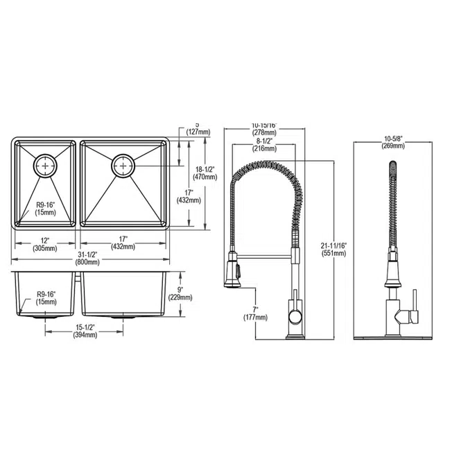 ECTRU32179LTFCC Crosstown® 18 Gauge Stainless Steel 31-1/2" x 18-1/2" x 9" 40/60 Double Bowl Undermount Sink & Faucet Kit with Drain