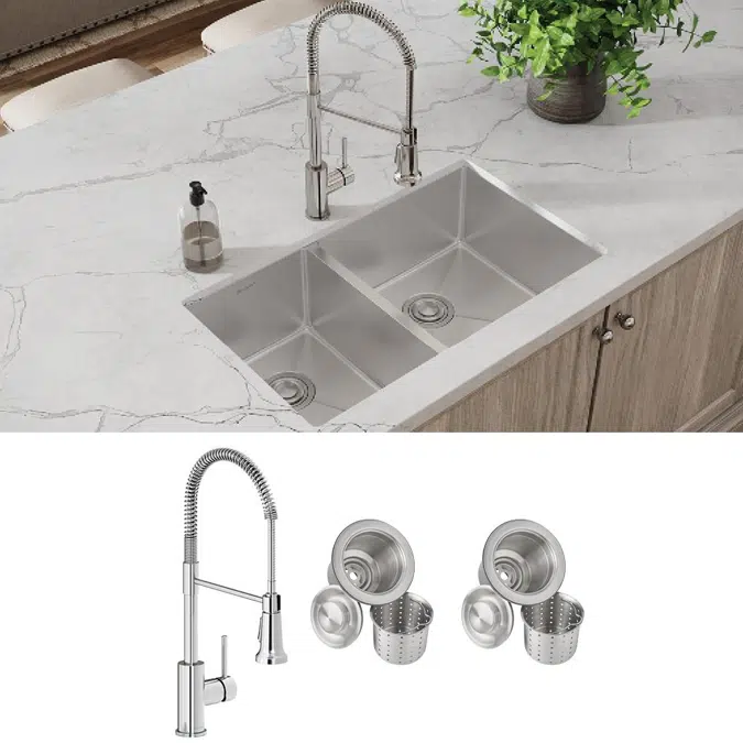 ECTRU32179LTFCC Crosstown® 18 Gauge Stainless Steel 31-1/2" x 18-1/2" x 9" 40/60 Double Bowl Undermount Sink & Faucet Kit with Drain