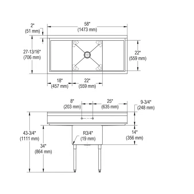 14-1C22X22-2-18X Dependabilt™ Stainless Steel 58" x 27-13/16" x 43-3/4" 16 Gauge One Compartment Sink w/ 18" Left and Right Drainboards and Stainless Steel Legs