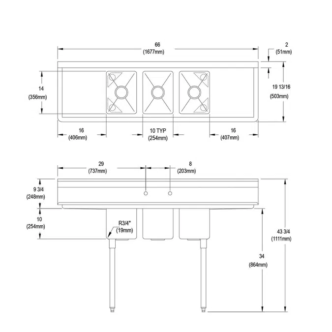 3C10X14-2-16X Elkay® Dependabilt™ Stainless Steel 66" x 19-13/16" x 43-3/4" 16 Gauge Three Compartment Sink w/ 16" Left and Right Drainboards and Stainless Steel Legs
