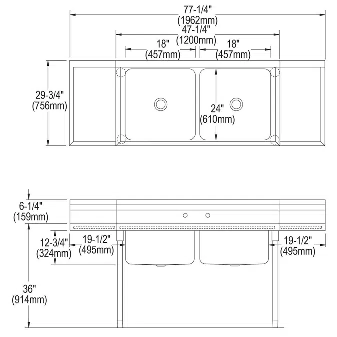 RNSF8236LR2 Elkay Rigidbilt® Stainless Steel 77-1/4" x 29-3/4" x 12-3/4" Floor Mount Double Compartment Scullery Sink Drainboard