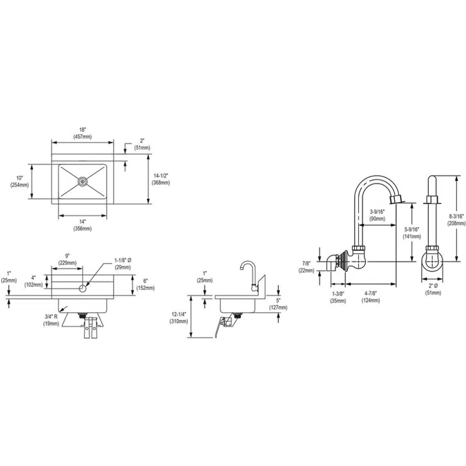 EHS-18-KVX Elkay® Stainless Steel 18" x 14-1/2" x 11" 18 Gauge Hand Sink with Knee Valve and Faucet