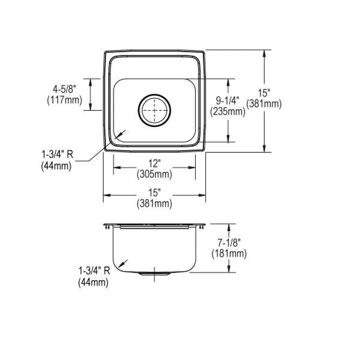 BLR15161_3_MR2 Lustertone® Classic Stainless Steel 15" x 15" x 7-1/8" Single Bowl Drop-in Bar Sink with 3-1/2" Drain