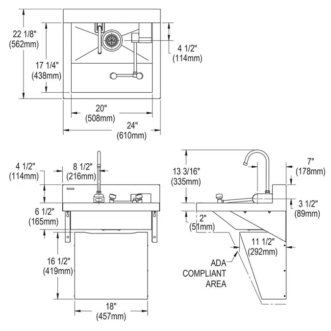EWSF12422T Stainless Steel 24" x 22" x 27" Wall Hung ADA Sink Enviro Kit with Eyewash + Faucet + Drain + Mixing Valve