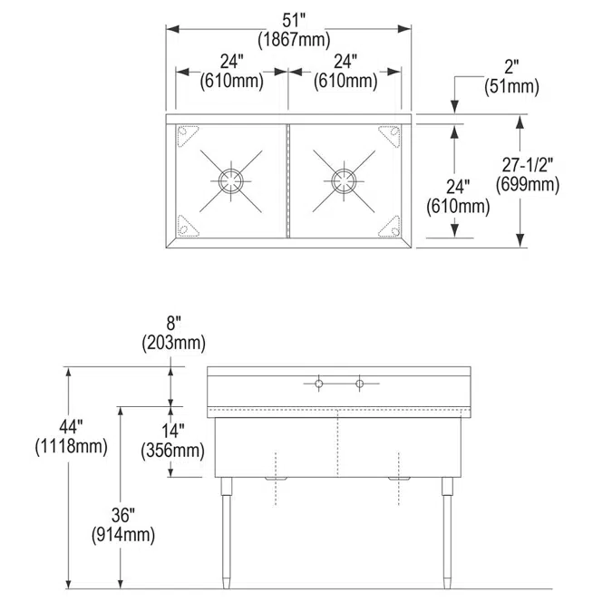 SS8248 Sturdibilt® Stainless Steel 51" x 27-1/2" x 14" Floor Mount Double Compartment Scullery Sink