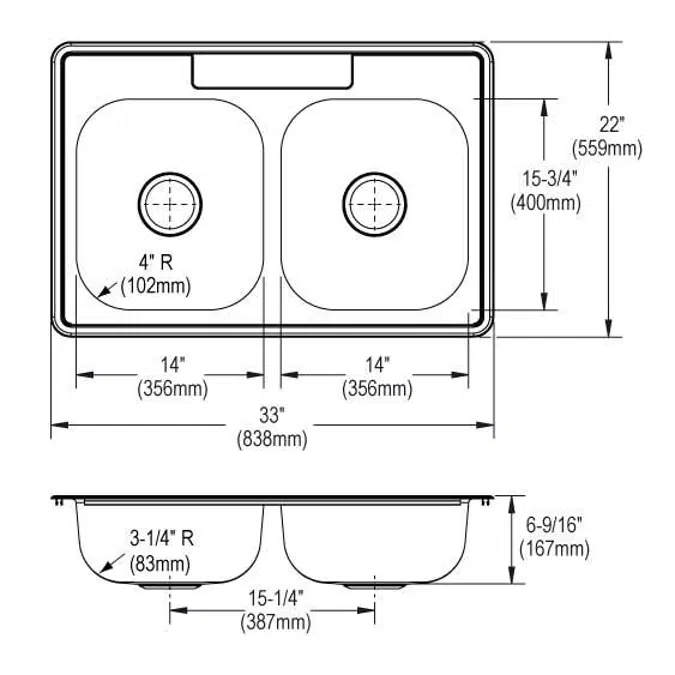 D233221_5_MR2 Dayton® Stainless Steel 33" x 22" x 6-9/16" Equal Double Bowl Drop-in Sink