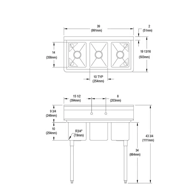 3C10X14-0X Elkay® Dependabilt™ Stainless Steel 39" x 19-13/16" x 43-3/4" 16 Gauge Three Compartment Sink with Stainless Steel Legs