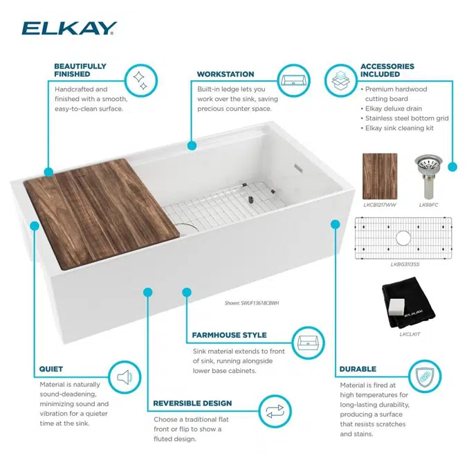 SWUF13618CBWH Fireclay 36" x 18-13/16" x 9-5/8" Single Bowl Farmhouse Workstation Sink Kit White