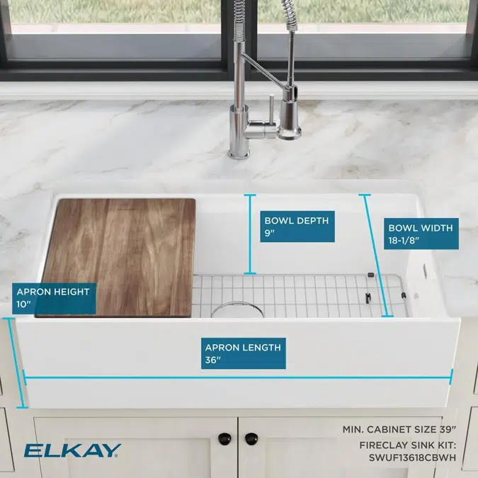SWUF13618CBWH Fireclay 36" x 18-13/16" x 9-5/8" Single Bowl Farmhouse Workstation Sink Kit White