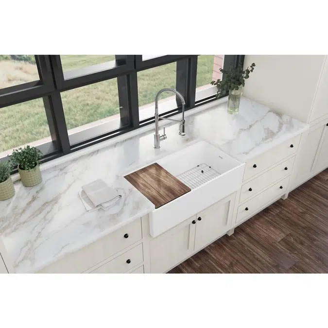 SWUF13618CBWH Fireclay 36" x 18-13/16" x 9-5/8" Single Bowl Farmhouse Workstation Sink Kit White