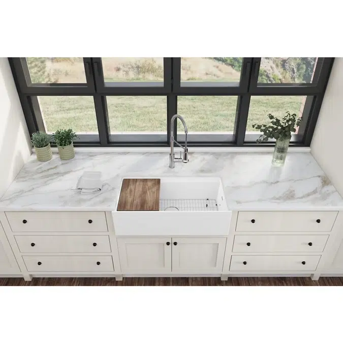 SWUF13618CBWH Fireclay 36" x 18-13/16" x 9-5/8" Single Bowl Farmhouse Workstation Sink Kit White
