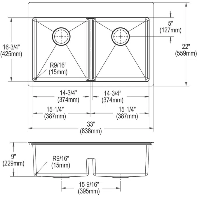ECTSRA33229TBG Elkay Crosstown® 18 Gauge Stainless Steel 33" x 22" x 9" 3-Hole Equal Double Bowl Dual Mount Sink Kit with Aqua Divide