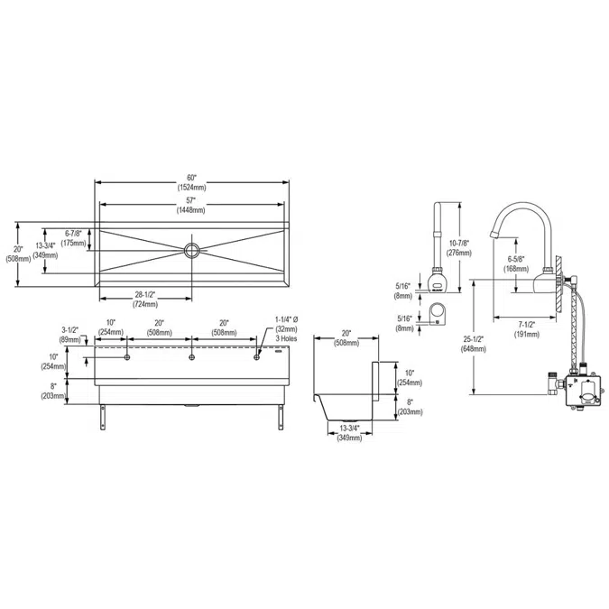 EWMA6020SACC Elkay Stainless Steel 60" x 20" x 8" Wall Hung Multiple Station Hand Wash Sink Kit w/Sensor Faucets + Grid Drain