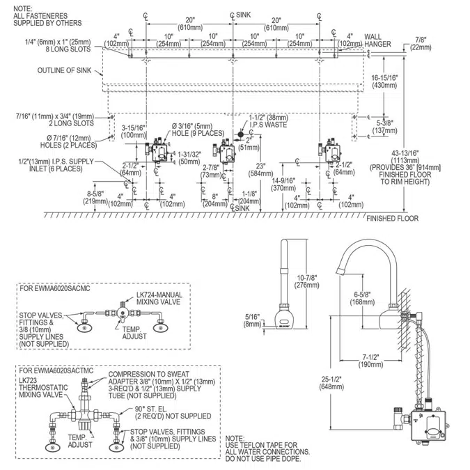 EWMA6020SACC Elkay Stainless Steel 60" x 20" x 8" Wall Hung Multiple Station Hand Wash Sink Kit w/Sensor Faucets + Grid Drain