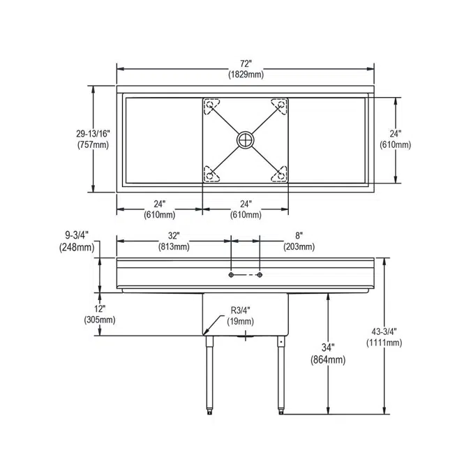 E1C24X24-2-24X Dependabilt™ Stainless Steel 72" x 29-13/16" x 43-3/4" 18 Gauge One Compartment Sink w/ 24" Left and Right Drainboards and Stainless Steel Legs