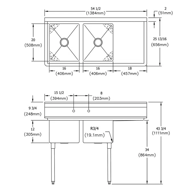 E2C16X20-R-18X Elkay® Dependabilt™ Stainless Steel 54-1/2" x 25-13/16" x 43-3/4" 18 Gauge Two Compartment Sink w/ 18" Right Drainboard and Stainless Steel Legs