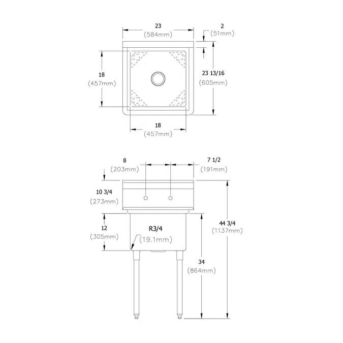 1C18X18-0X Elkay® Dependabilt™ Stainless Steel 23" x 23-13/16" x 44-3/4" 16 Gauge One Compartment Sink with Stainless Steel Legs
