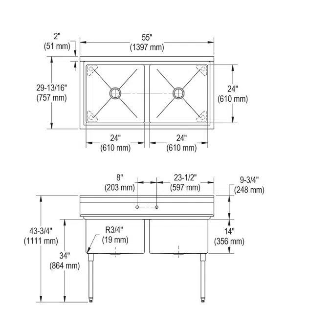 14-2C24X24-0X Dependabilt™ Stainless Steel 55" x 29-13/16" x 43-3/4" 16 Gauge Two Compartment Sink with Stainless Steel Legs