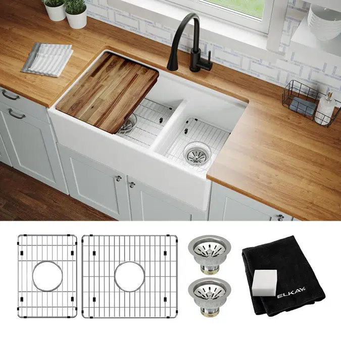 F23320CBWHC Fireclay 33" x 19-15/16" x 9-3/16" 60/40 Double Bowl Farmhouse Sink Kit with Aqua Divide