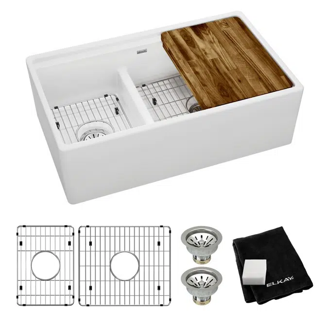 F23320CBWHC Fireclay 33" x 19-15/16" x 9-3/16" 60/40 Double Bowl Farmhouse Sink Kit with Aqua Divide