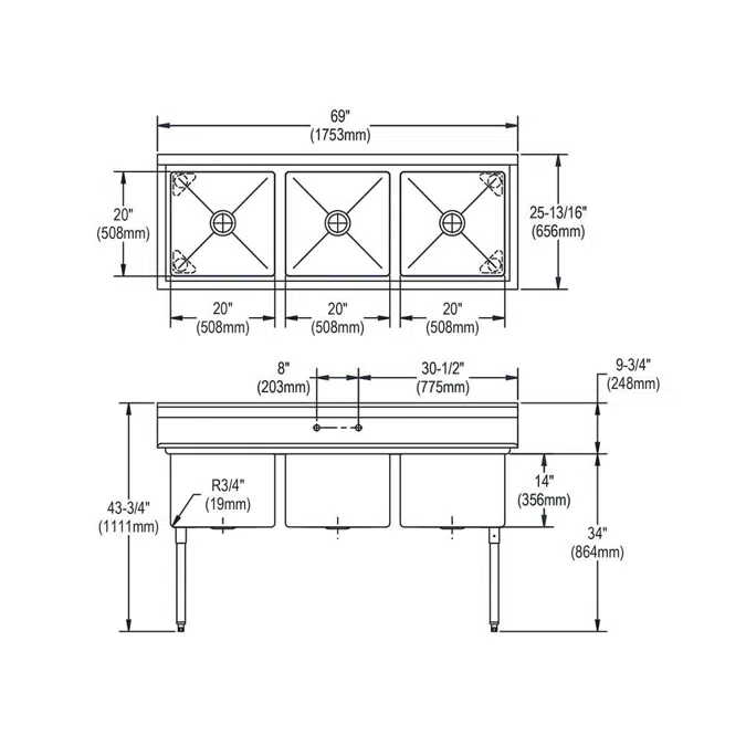 14-3C20X20-0X Dependabilt™ Stainless Steel 69" x 25-13/16" x 43-3/4" 16 Gauge Three Compartment Sink with Stainless Steel Legs