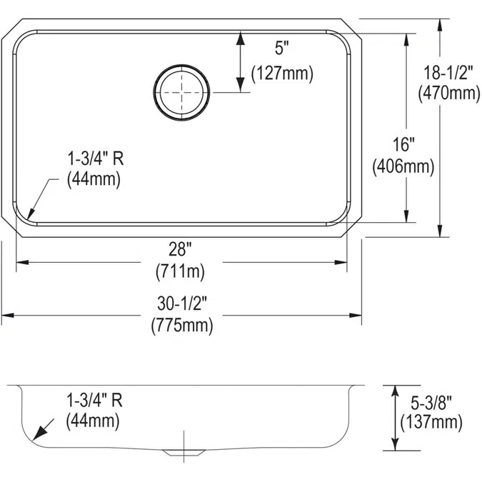 ELUHAD281655 Elkay Lustertone® Classic Stainless Steel, 30-1/2" x 18-1/2" x 5-3/8" Single Bowl Undermount ADA Sink