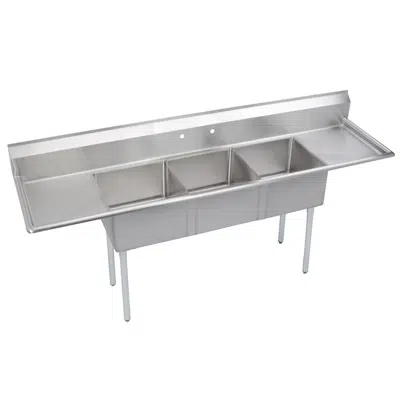 imagem para E3C20X20-2-20X Elkay® Dependabilt™ Stainless Steel 104" x 25-13/16" x 43-3/4" 18 Gauge Three Compartment Sink w/ 20" Left and Right Drainboards & Stainless Steel Legs