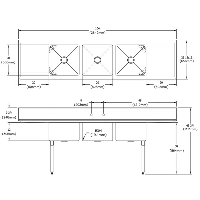 E3C20X20-2-20X Elkay® Dependabilt™ Stainless Steel 104" x 25-13/16" x 43-3/4" 18 Gauge Three Compartment Sink w/ 20" Left and Right Drainboards & Stainless Steel Legs