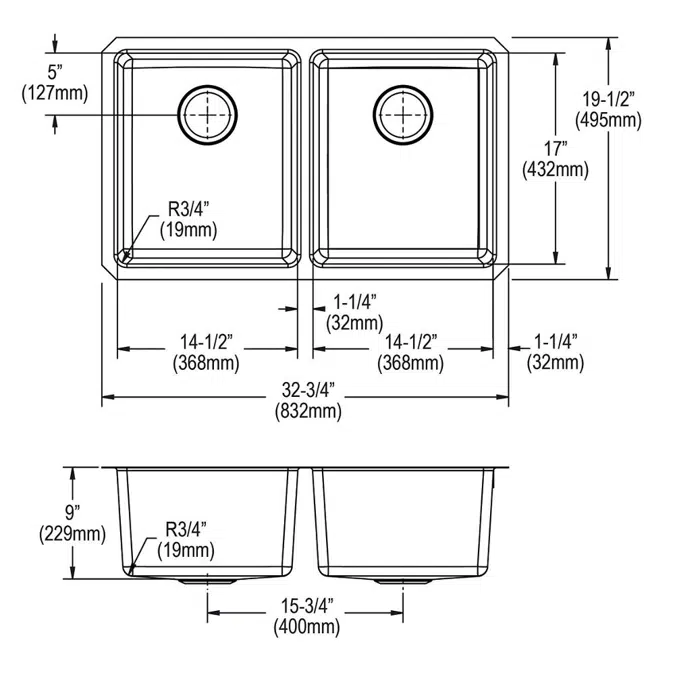 ELUH3118T Lustertone Iconix® 18 Gauge Stainless Steel 32-3/4" x 19-1/2" x 9" Double Bowl Undermount Sink