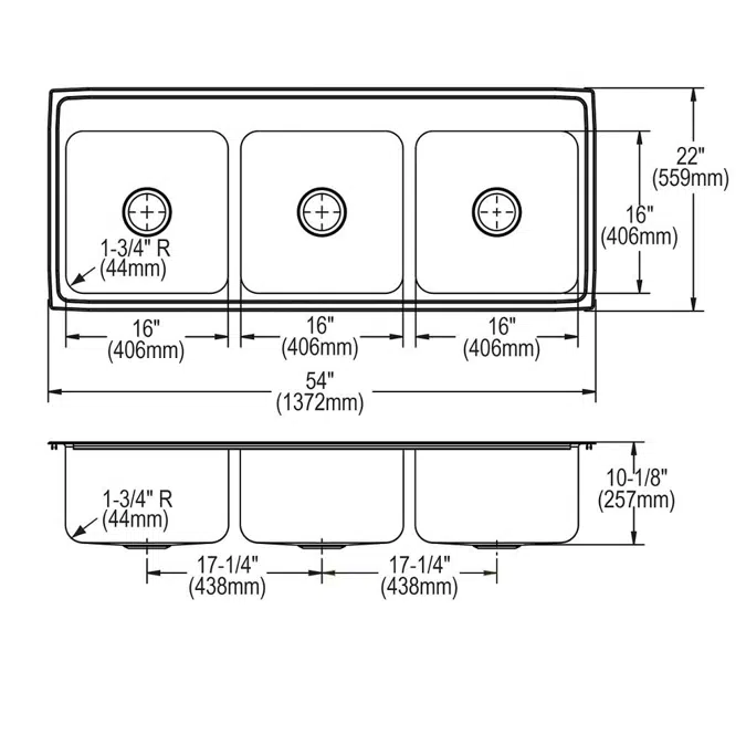 LTR5422101_6 Elkay Lustertone® Classic Stainless Steel 54" x 22" x 10-1/8", Triple Bowl Drop-in Sink