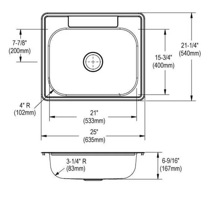 D12521_5_MR2 Dayton® Stainless Steel 25" x 21-1/4" x 6-9/16" Single Bowl Drop-in Sink