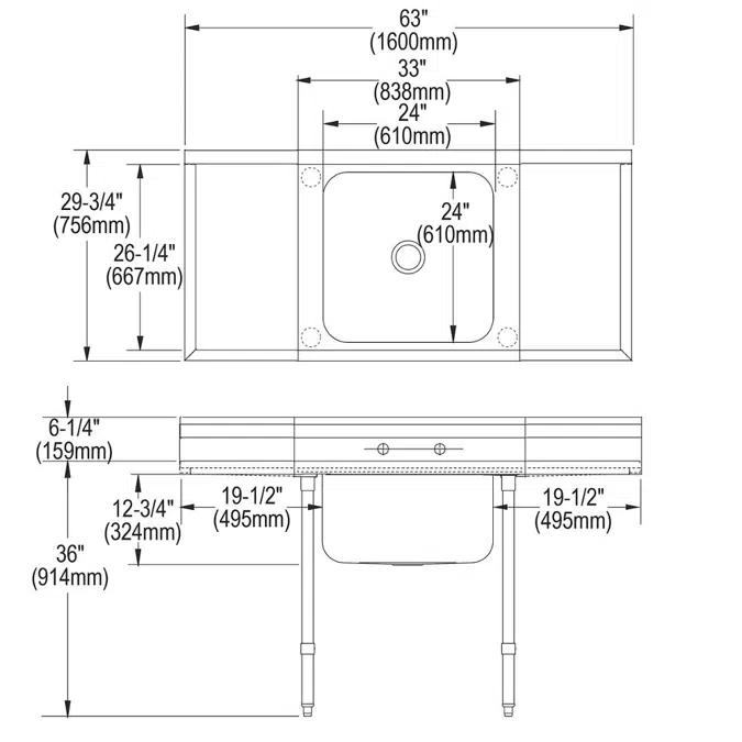 RNSF8124LR2 Elkay Rigidbilt® Stainless Steel 63" x 29-3/4" x 12-3/4" Floor Mount Single Compartment Scullery Sink w/ Drainboard
