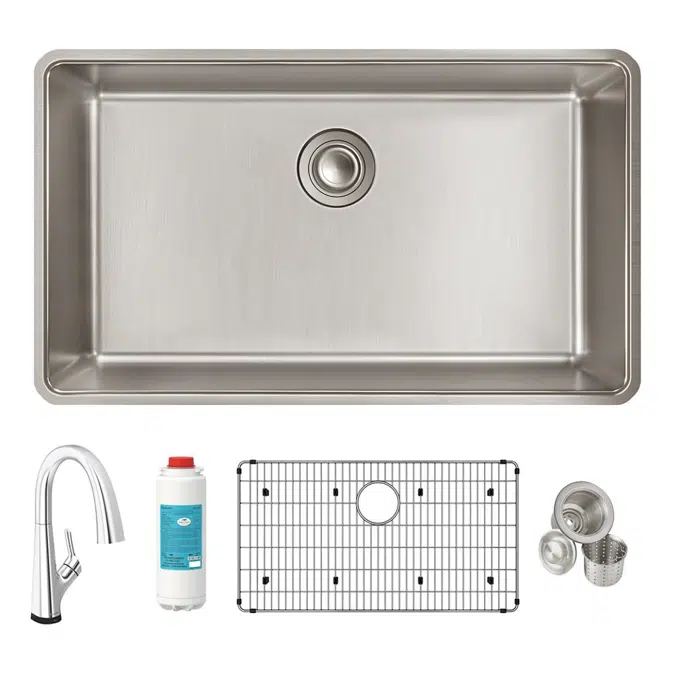 ELUH3017TFLC Lustertone Iconix® 18 Gauge Stainless Steel 32-1/2" x 19-1/2" x 9" Single Bowl Undermount Sink Kit with Filtered Faucet