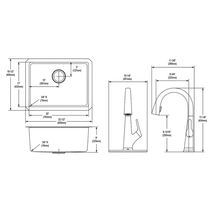 ELUH3017TFLC Lustertone Iconix® 18 Gauge Stainless Steel 32-1/2" x 19-1/2" x 9" Single Bowl Undermount Sink Kit with Filtered Faucet