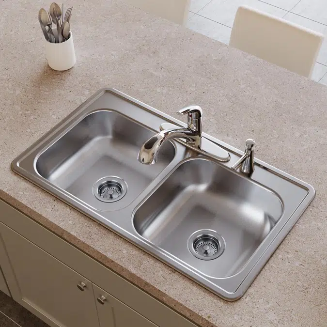 D233194 Dayton® Stainless Steel 33" x 19" x 6-7/16" 4-Hole Equal Double Bowl Drop-in Sink
