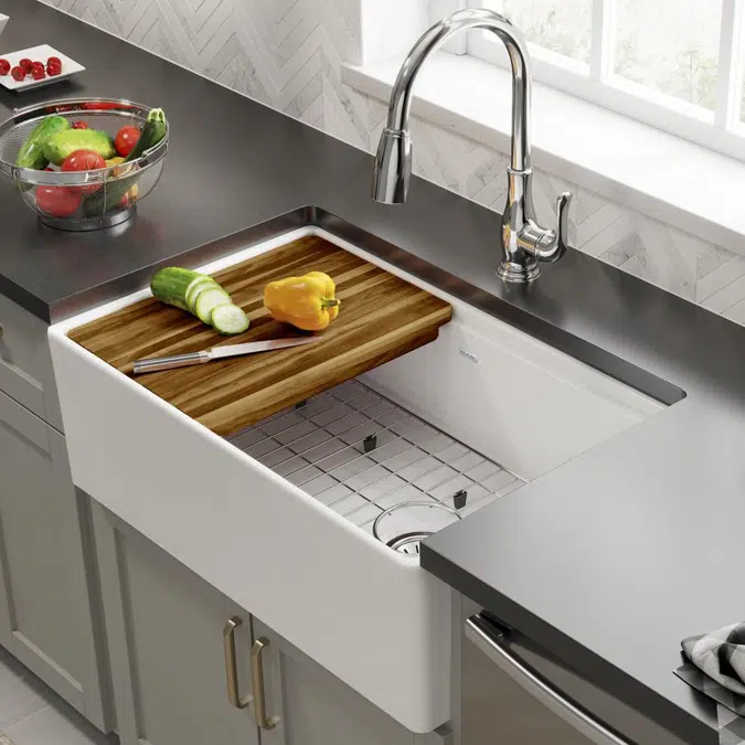 SWUF13020CBWH Fireclay 30" x 18-13/16" x 9-5/8" Single Bowl Farmhouse Sink Kit