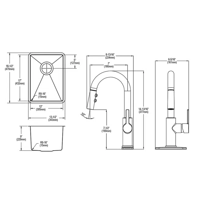 ECTRU12179TFCC Elkay Crosstown® 18 Gauge Stainless Steel 13-1/2" x 18-1/2" x 9" Single Bowl Undermount Bar Sink & Faucet Kit with Drain