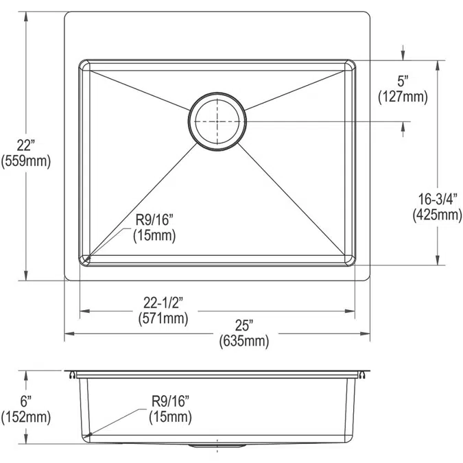 ECTSRAD25226TBG1_5 Crosstown® 18 Gauge Stainless Steel 25" x 22" x 6" Single Bowl Dual Mount ADA Sink Kit