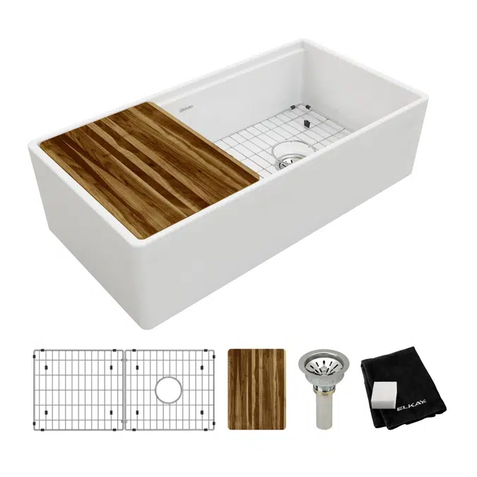 Elkay Fireclay 36" x 18-13/16" x 9-5/8" Single Bowl Farmhouse Workstation Sink Kit, White