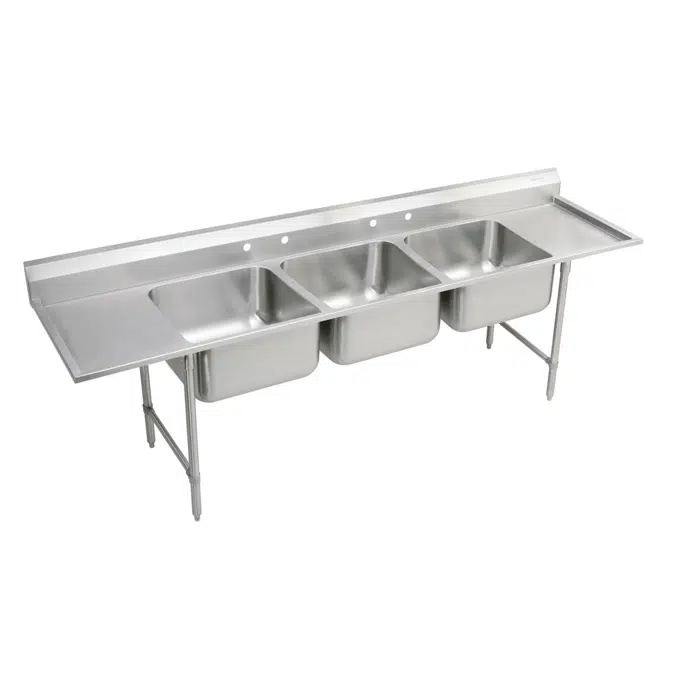 RNSF8354LR4 Elkay Rigidbilt Stainless Steel 97-1/4" x 29-3/4" x 14" Floor Mount, Triple Compartment Scullery Sink w/ Drainboard