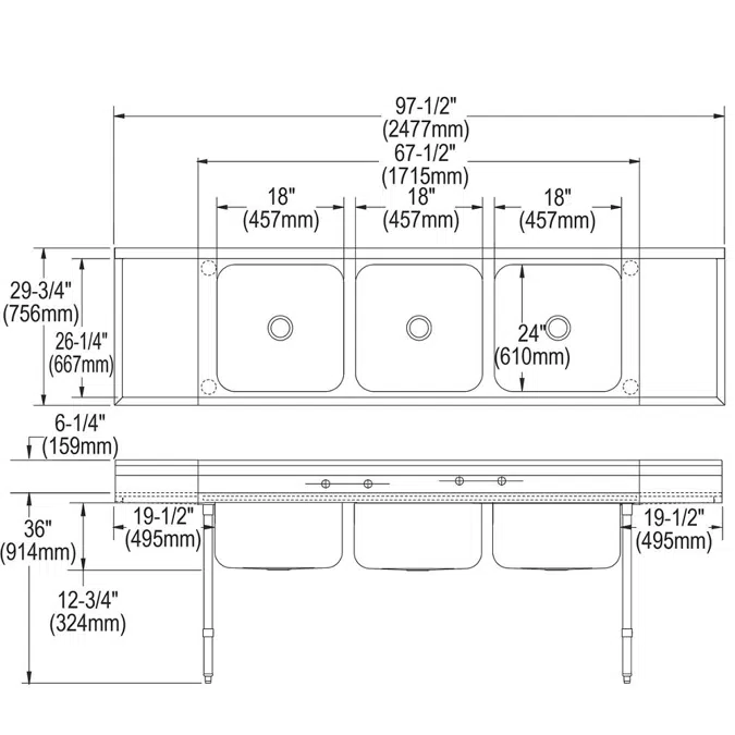 RNSF8354LR4 Elkay Rigidbilt® Stainless Steel 97-1/4" x 29-3/4" x 14" Floor Mount Triple Compartment Scullery Sink w/ Drainboard