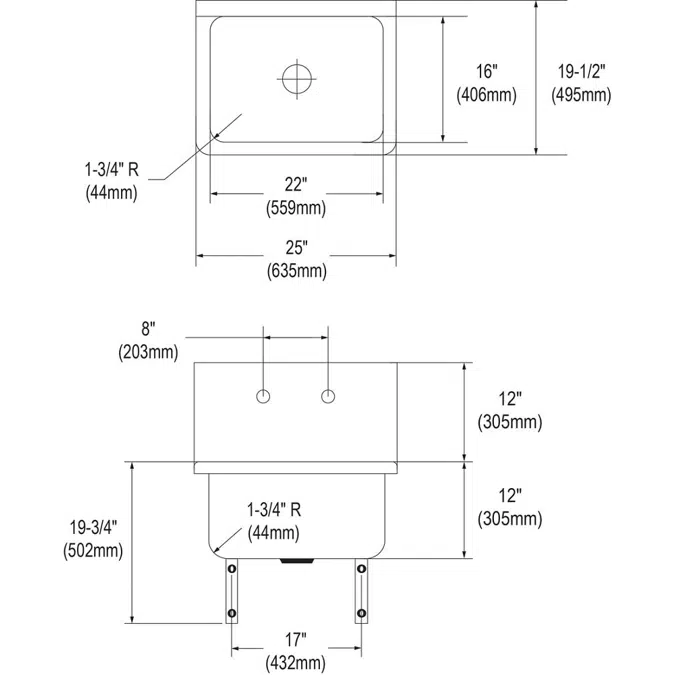 ESS25202 Elkay Stainless Steel 25" x 19-1/2" x 12 Wall Hung 2-Hole Service Sink