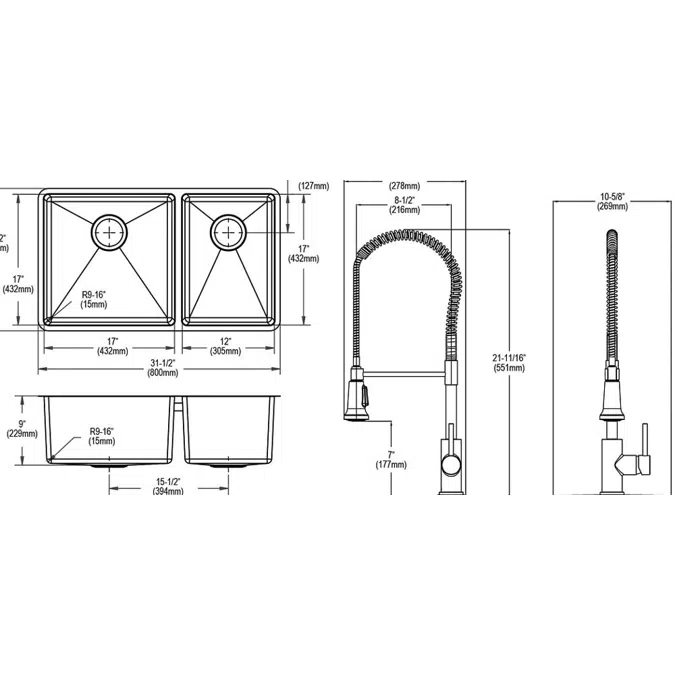 ECTRU32179RTFBC Crosstown® 18 Gauge Stainless Steel 31-1/2" x 18-1/2" x 9" 60/40 Double Bowl Undermount Sink & Faucet Kit with Bottom Grid & Drain
