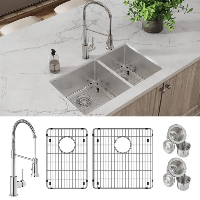 ECTRU32179RTFBC Crosstown® 18 Gauge Stainless Steel 31-1/2" x 18-1/2" x 9" 60/40 Double Bowl Undermount Sink & Faucet Kit with Bottom Grid & Drain