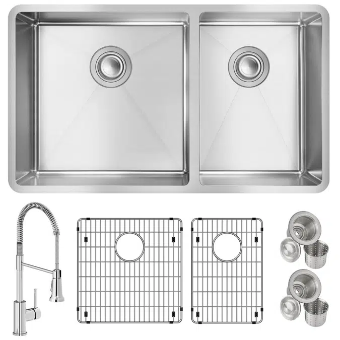 ECTRU32179RTFBC Crosstown® 18 Gauge Stainless Steel 31-1/2" x 18-1/2" x 9" 60/40 Double Bowl Undermount Sink & Faucet Kit with Bottom Grid & Drain