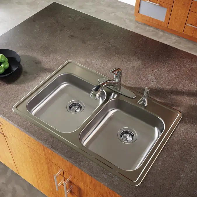 GE233224 Dayton® Stainless Steel 33" x 22" x 5-3/8" Equal Double Bowl Drop-in Sink